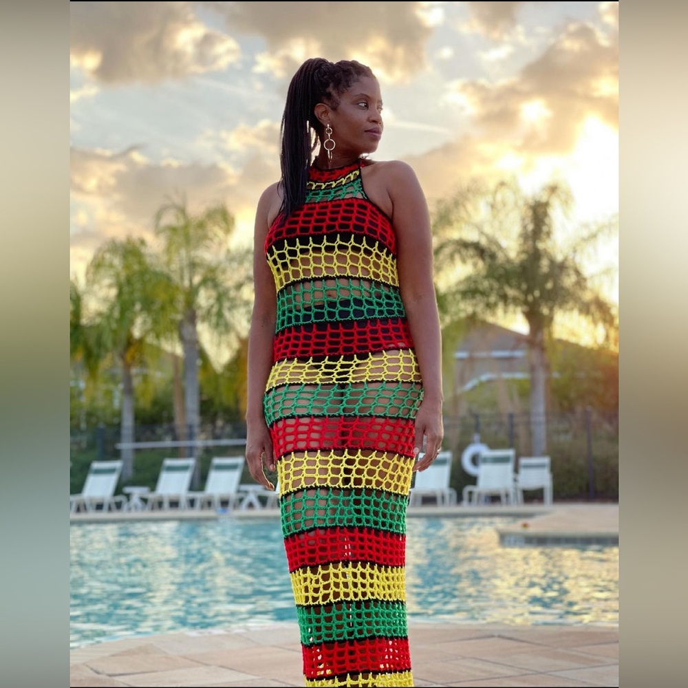 Rasta Jamaica Handmade Crochet Mesh Dress In All Sizes New Red, Gold, Green